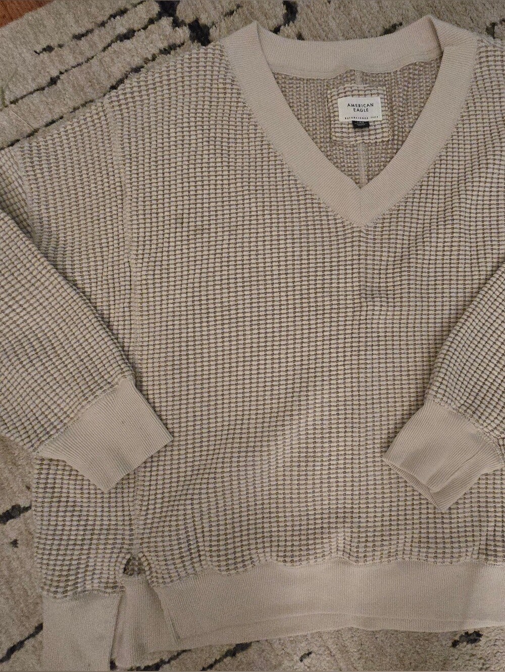 Aerie Womens V-Neck Waffle Knit Sweater in Light Beige